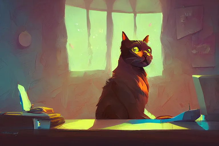 Image similar to a digital art of a godfather cat sitting by the desk, animal, light effect, highly detailed, by anton fadeev