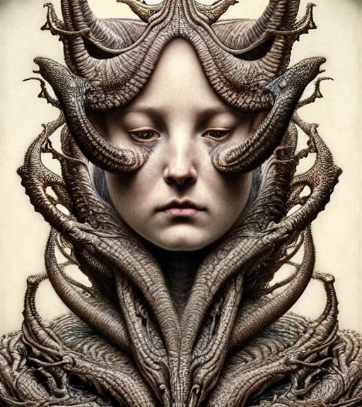 Image similar to detailed realistic beautiful dinosaur goddess face portrait by jean delville, gustave dore, iris van herpen and marco mazzoni, art forms of nature by ernst haeckel, art nouveau, symbolist, visionary, gothic, neo - gothic, pre - raphaelite, fractal lace, intricate alien botanicals, ai biodiversity, surreality, hyperdetailed ultrasharp octane render