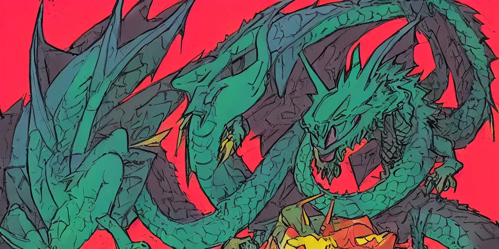 Image similar to colourful - damaged - detailed image of a Mike Mignola style dragon and of a castle