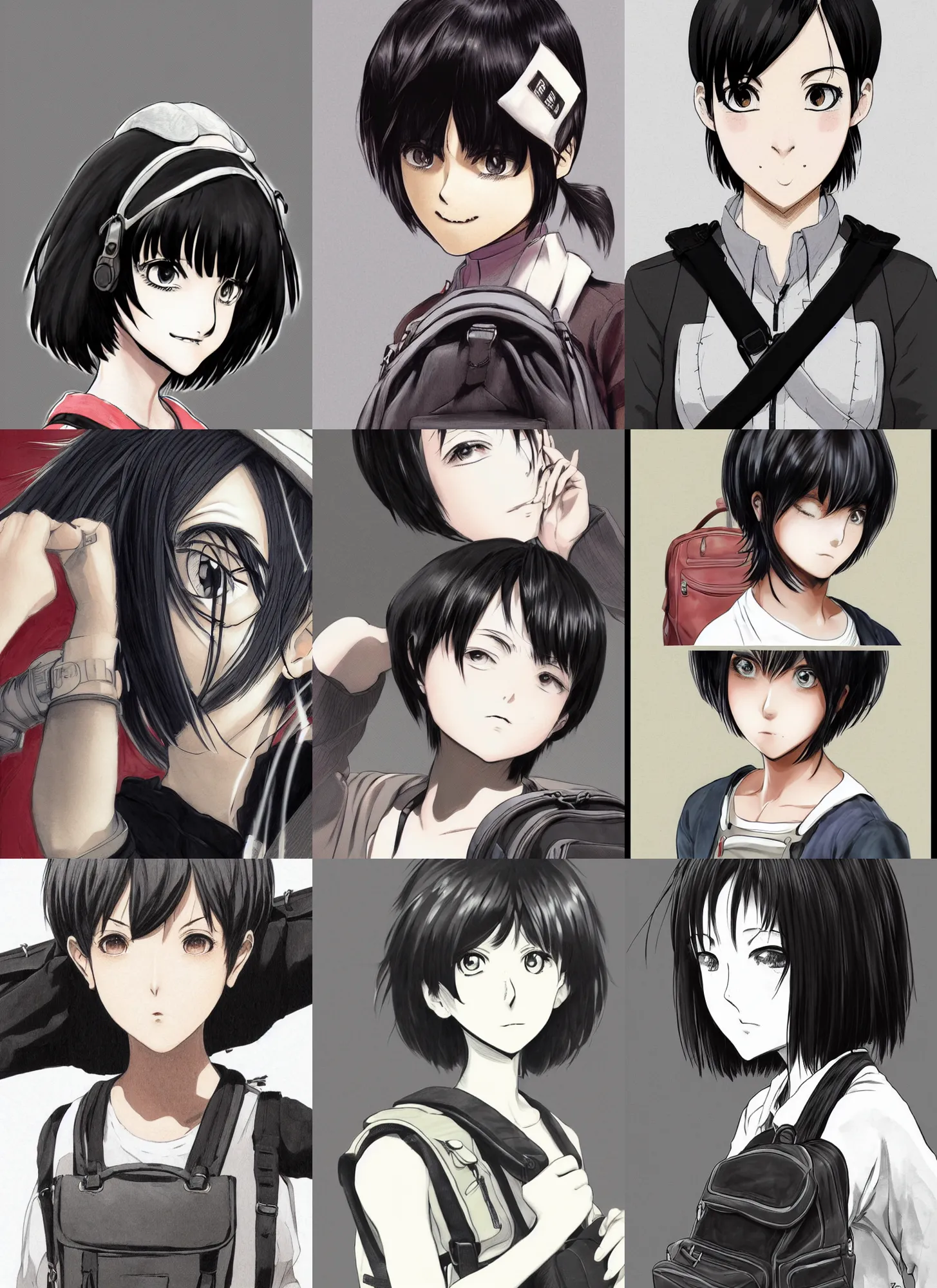 Prompt: Close-up manga illustration of kind young woman with short black hair in a bob cut, with a backpack, slightly dirty face, portrait, highly detailed, digital painting, artstation, concept art, sharp focus, illustration, art by Yusuke Murata and Kohei Horikoshi