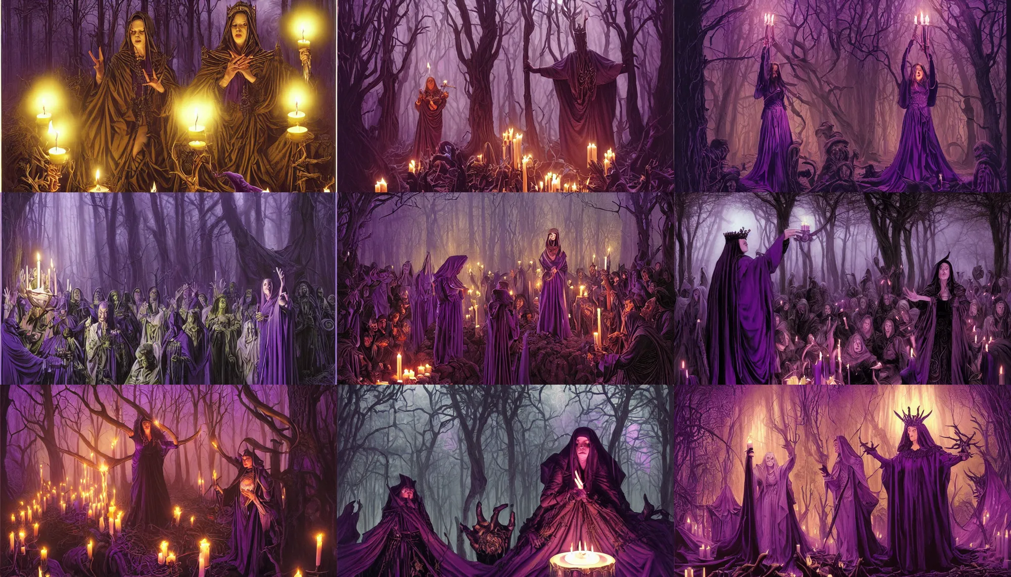 Prompt: ominous picture of the High priestess of the old ones cult preaching to her followers, dark forest illuminated by candles, purple color scheme, focus, sharp, art by artgerm and donato giancola and Joseph Christian Leyendecker, WLOP