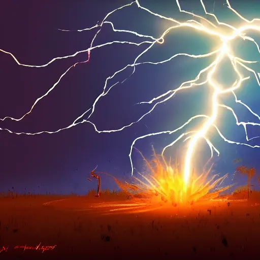 Image similar to powerline transformer exploding from lightning strike, digital painting, 8 k, dynamic lighting