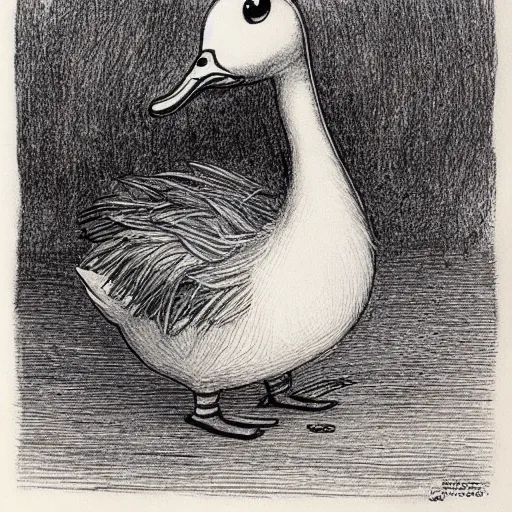 Image similar to cute duck detailed micron drawing illustrated by stephen gammell, maurice sendak, graham ingels