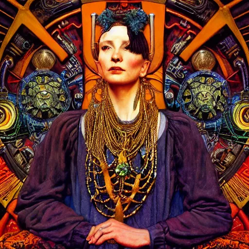 Image similar to baroque portrait of an art deco machine shaman, reflective detailed textures, highly detailed fantasy science fiction painting by annie swynnerton and jean delville and moebius, norman rockwell and maxfield parrish. modern industrial shaman, rich colors, high contrast. artstation