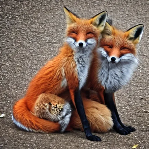 Prompt: Two foxes cuddling together. They are in love.