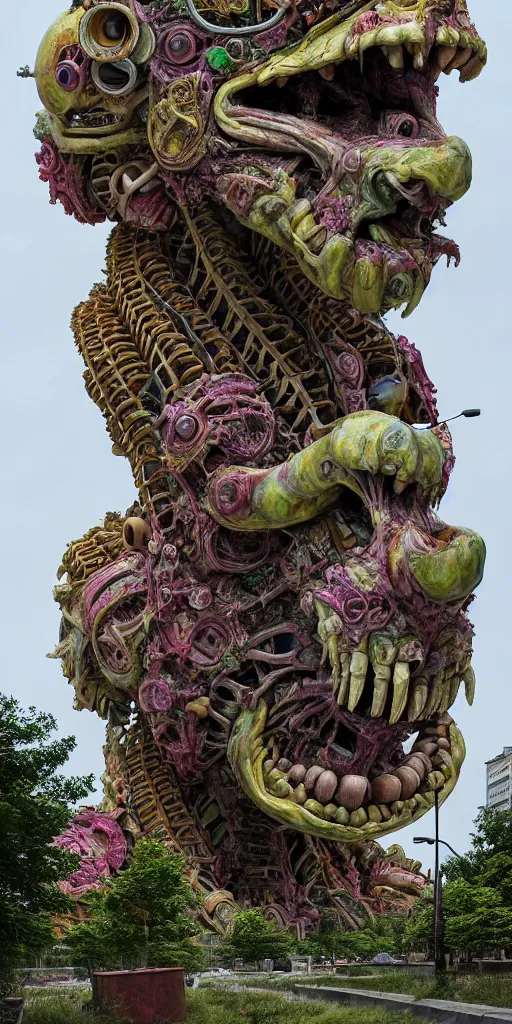 Image similar to colossal grotesque prehistoric psyhedelic alien predator flower made from best unfulfilled mankind projects in the middle of abandoned post soviet constructivist cityscape, Stalinist architecture, ultradetailed, Intricate by Hayao Miyazaki and Josan Gonzalez and Makoto Shinkai and Giuseppe Arcimboldo and Wes Anderson