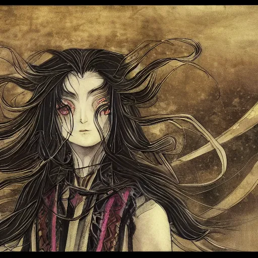 Image similar to yoshitaka amano blurred and dreamy realistic illustration of a phil lamarr with black eyes, wavy white hair fluttering in the wind wearing elden ring armor with engraving, abstract patterns in the background, satoshi kon anime, noisy film grain effect, highly detailed, renaissance oil painting, weird portrait angle, blurred lost edges, three quarter view