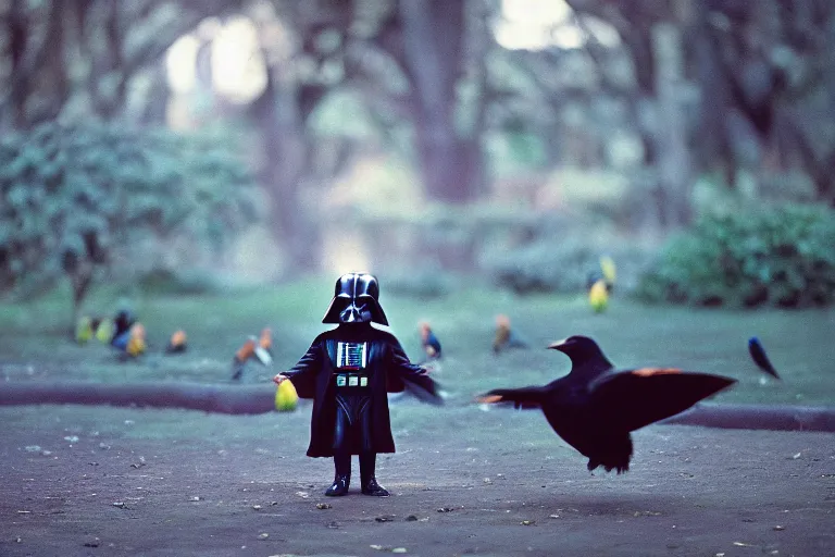 Prompt: a photograph of Darth Vader feeding the birds in a park, cinematic lighting, 35mm, morning light, national geographic, fuji velvia, highly detailed, 8k,