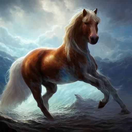 Image similar to a fantastical small horse made of water, liquid, fluid and foam, ethereal, noble, radiant, hyperalism, scottish folklore, digital painting, artstation, concept art, smooth, 8 k frostbite 3 engine, ultra detailed, art by artgerm and greg rutkowski and magali villeneuve