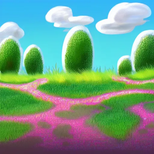 Prompt: a garden field background, cartoon, digital art, featured on artstation, smooth graphics, soft details,