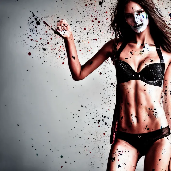 Prompt: fully body pose, photo of a very beautiful!! victoria secret model skull woman, bra and panties, raining, paint spatters, 8 k, hdr, smooth, sharp focus, high resolution, award - winning photo, trending on artstation, dslr, 5 0 mm