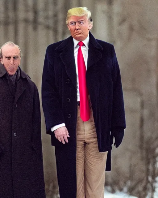 Image similar to donald trump dressed as chauncey gardiner in the movie being there, photorealistic, shot in the style of hal ashby