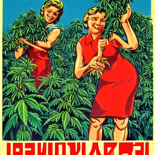 Prompt: a soviet propaganda poster of people harvesting cannabis plants