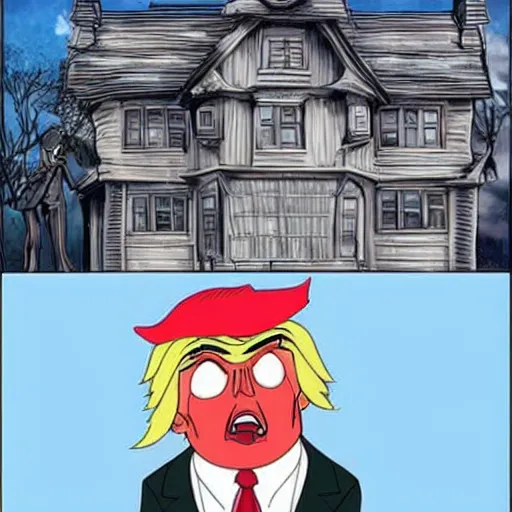 Prompt: anime donald trump villain posing in front of a spooky house