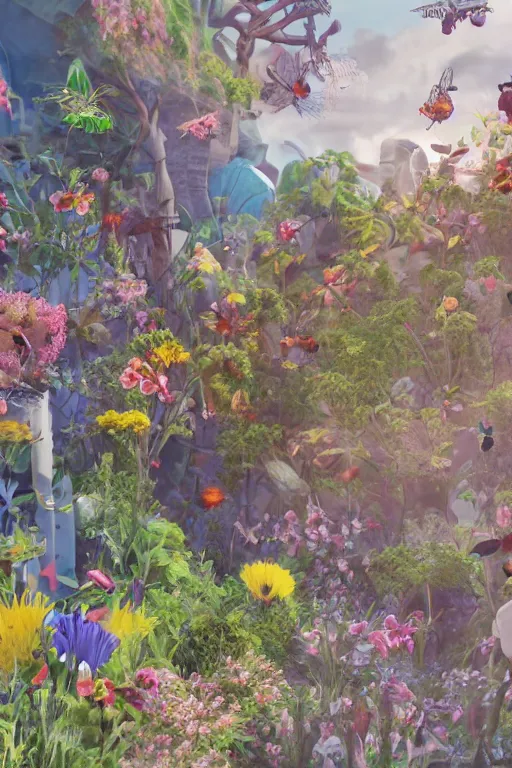 Image similar to super detailed color art, a lot of small garden flowers, A multiverse of insects and spiders, unreal engine, wes anderson color palette, 3d render, colorful, digital art