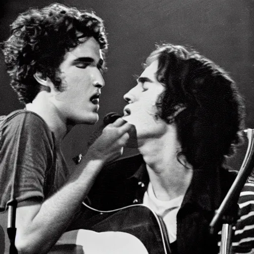 Image similar to a movie still of Tim Buckley singing on stage with Jeff Buckley, 8k, Technicolor, telephoto lens, vintage photograph, historical archive, detailed skin, detailed eyes