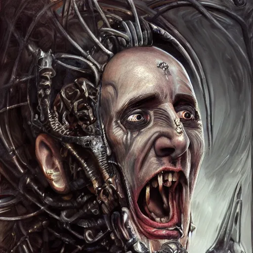 Prompt: Nicolas Cage as god of chaos screaming biomechanical, intricate, smooth, artstation, painted by Hans Giger