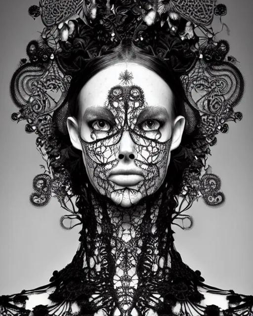 Image similar to surreal black and white photo portrait of complex bio-mechanical beautiful young female vegetal-cyborg with a Mandelbrot fractal steampunk metal fine lace face, a very long neck and a fine metal floral foliage super big lace collar by Alexander McQueen:: smoke, high fashion, haute couture, rococo, steampunk, silver filigree details, anatomical, facial muscles, cable wires, microchip, elegant, dreamy, foggy atmosphere, hyper realistic, 150 mm lens, soft rim light, octane render, unreal engine, picture was taken in 1910 by Man Ray, volumetric lighting, dramatic light,8k,