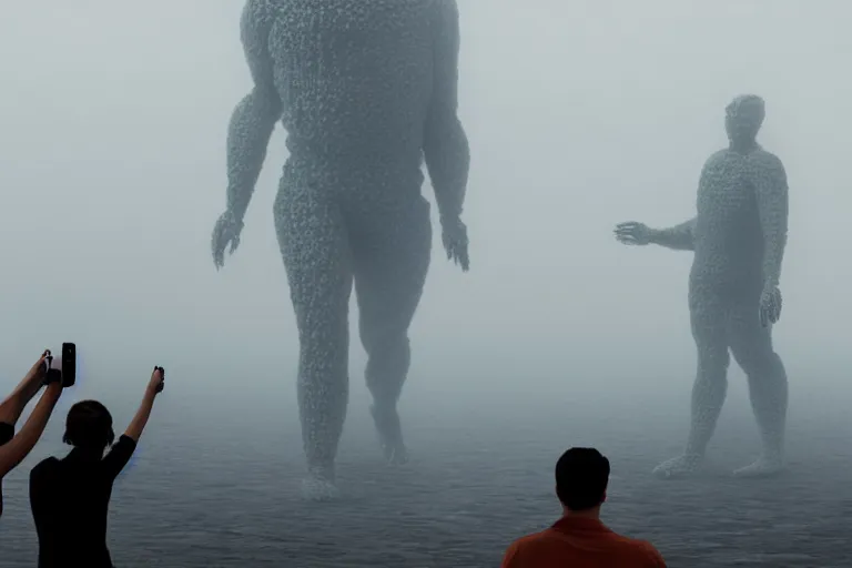 Image similar to tourists taking a photo of a complex organic fractal 3 d ceramic humanoid megastructure, cinematic shot, foggy, photo still from movie by denis villeneuve