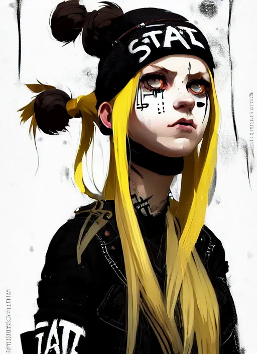 Image similar to highly detailed closeup portrait of a sewer punk pretty swedish female road warrior student, tartan garment, blonde hair pigtails with headband by atey ghailan, by greg rutkowski, by greg tocchini, by james gilleard, by joe fenton, by kaethe butcher, gradient yellow, black, brown and white color scheme, grunge aesthetic!!! white graffiti tag wall background