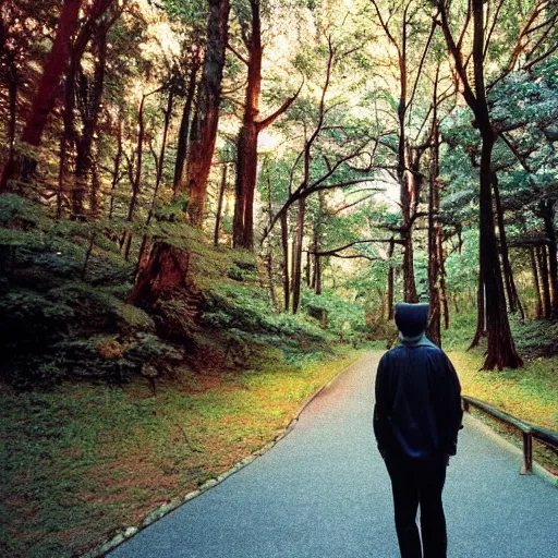 Image similar to 1 9 9 0 s candid 3 5 mm photo of a beautiful forest in tokyo, cinematic lighting, cinematic look, golden hour, the clouds are epic and colorful with cinematic rays of light, a man walks down the center of the forest with a beanie on, photographed by petra collins, uhd