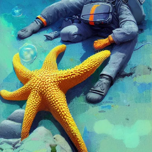 Image similar to patrick starfish meditates, hyperrealism, no blur, 4 k resolution, ultra detailed, style of ron cobb, adolf hiremy - hirschl, syd mead, ismail inceoglu, rene margitte