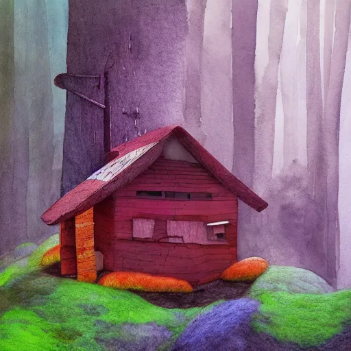 Image similar to small wooden house in the middle of spring forest, bright colours, watercolor, volumetric wool felting, macro photography, children illustration, by dan mcpharlin