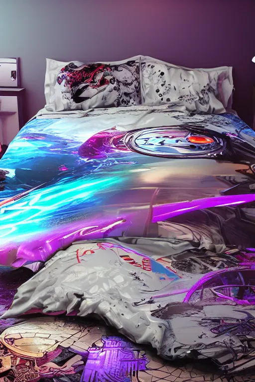 Image similar to photo of bedlinen in a modern bedroom, band merchandise, bandname is tripmachine, tourname is invasion of the tripmachines, realistic digital art, textured with a 3 d render of a huge futuristic steampunk generator, 8 k, fluorescent colors, halluzinogenic, multicolored, exaggerated detailed, unreal engine