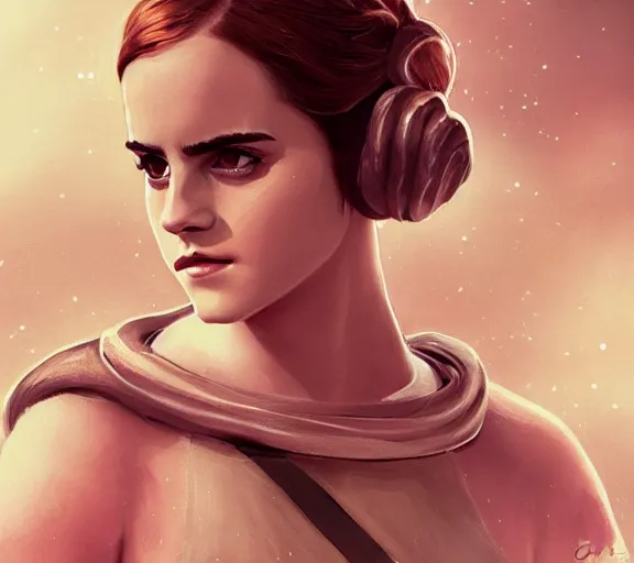 Image similar to photography of a sensual emma watson dressed like princess leia slave girl outfit star wars, deep focus, intricate, elegant, highly detailed, digital painting, artstation, concept art, matte, sharp focus, illustration