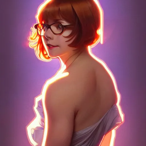 Image similar to art by artgerm and greg rutkowski and alphonse mucha. clear portrait of velma dinkley!! blonde, modest full - figured holy body!! strong, tall, light effect. hyper detailed, glowing lights!! intricate, elegant, digital painting, artstation, smooth, sharp focus