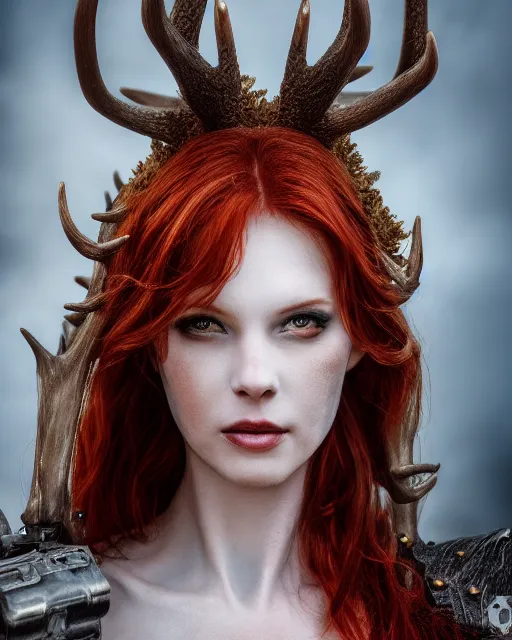 Prompt: 5 5 mm portrait photo of an armored redhead woman with antlers on her head, by luis royo. highly detailed 8 k. intricate. lifelike. soft light. nikon d 8 5 0. cinematic post - processing