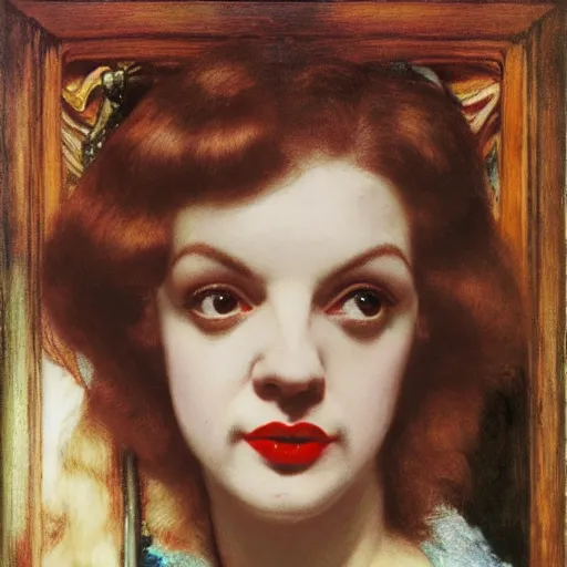 Image similar to portrait of a hybrid of judy garland and lady gaga with marfan syndrome, downward slanting eyes, with a brown fringe, holman hunt, john william waterhouse, kilian eng, rosetti, john everett millais, william holman hunt, 4 k