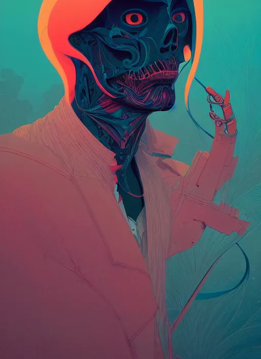 Prompt: portrait of grim reaper, artstation winner by victo ngai, kilian eng and by jake parker, by conrad roset, swirly vibrant color lines, winning award masterpiece, fantastically gaudy, aesthetic octane render, 8 k hd resolution