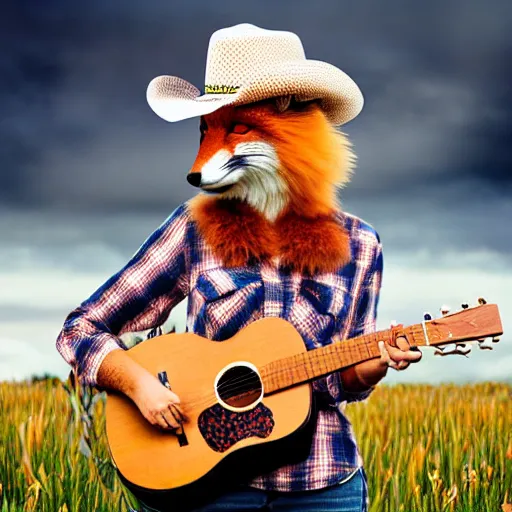 Image similar to a female fluffy anthropomorphic fox animal, head of fox, wearing cowboy hat, wearing plaid shirt, playing guitar, in a field, barn in background, album cover style