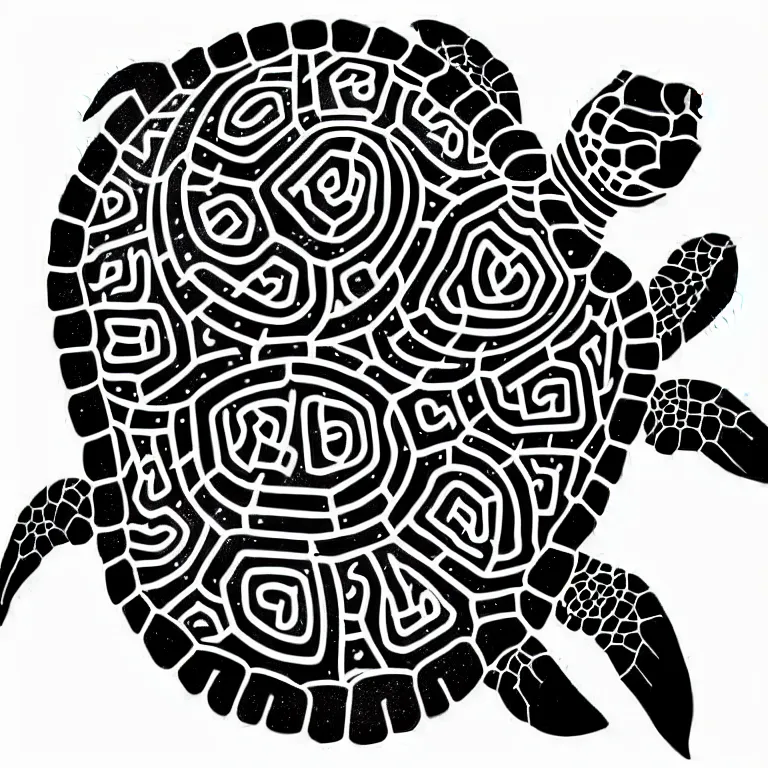 Image similar to simple yet detailed illustration of a warana sea turtle, use of negative space mandatory, artwork created by Mike Mignola and Banksy in the style of a cartoon and tattoo stencil, black ink illustration,no shadings, black on white only, smooth curves