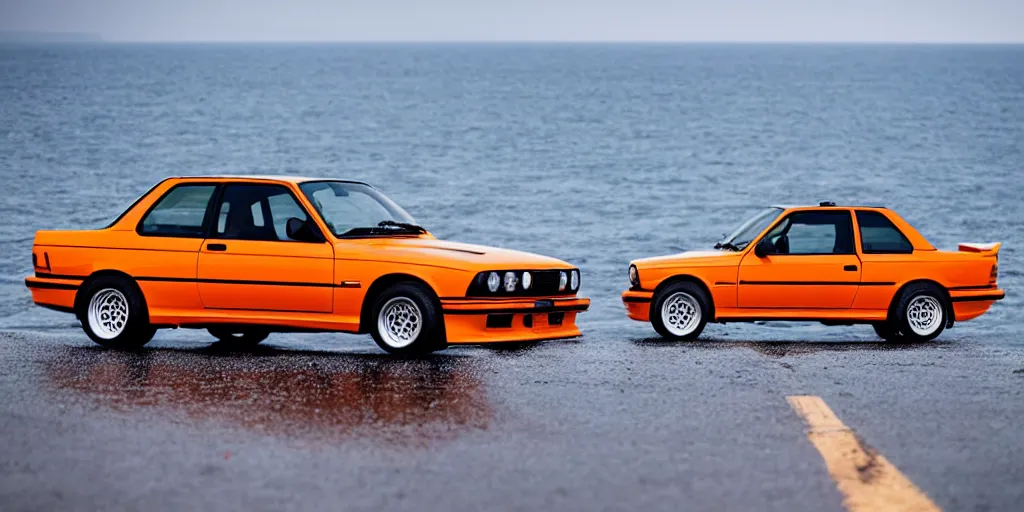 Image similar to orange bmw e30 m3 driving off a cliff into the ocean