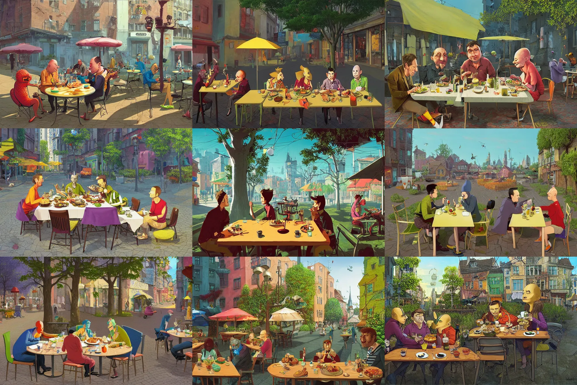 Prompt: 4 friends eating outside in a restaurant in the city, summer morning, very coherent and colorful high contrast, art by gediminas pranckevicius, geof darrow, dark shadows, hard lighting