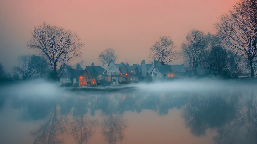 Image similar to village with beautiful houses in the fog on the lake, fog, volumetric lighting, mystique, atmospheric, conept art, teal and orange, sharp focus, ultra detailed, noir arthouse, 4 k, cinematic, 3 5 mm