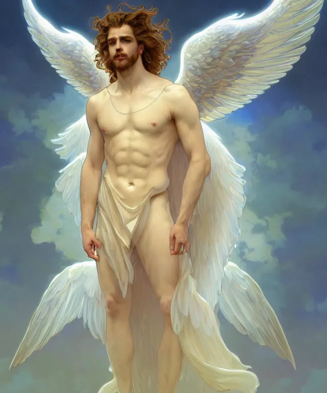 Prompt: symmetrical fullbody portrait of a beautiful young fit male angel with curly blond hairs, full dressed in long fluent clothes, majestic big dove wings, luminous halo, by greg rutkowski and alphonse mucha, gradient white to gold, in front of an iridescent background, highly detailed portrait, digital painting, artstation, concept art, smooth, sharp focus illustration