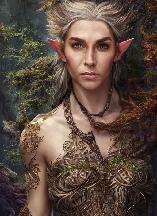 Prompt: a relaxed malehalf elf middle aged druid in a sleeveless west, brown short hair, strong, full body, 8 k, hyperrealistic,, hyperdetailed, fantasy portrait by laura sava