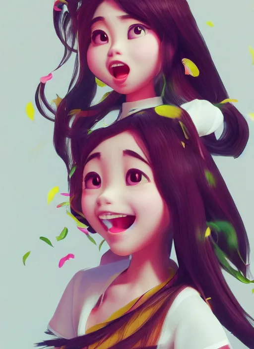 Prompt: a cute asian girl singing, flowing hair in the style of pixar animation, full body shot, award winning, hyper detailed, studio lighting, artstation, octane renderer, unreal engine