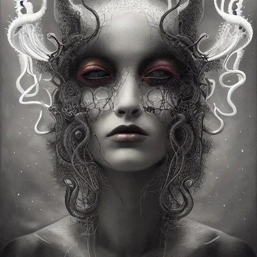 Prompt: By Tom Bagshaw, ultra realist soft painting of curiosities carnival by night, very beautiful bodysuit tentacles, symmetry accurate features, very intricate details, ominous sky, black and white, volumetric light clouds