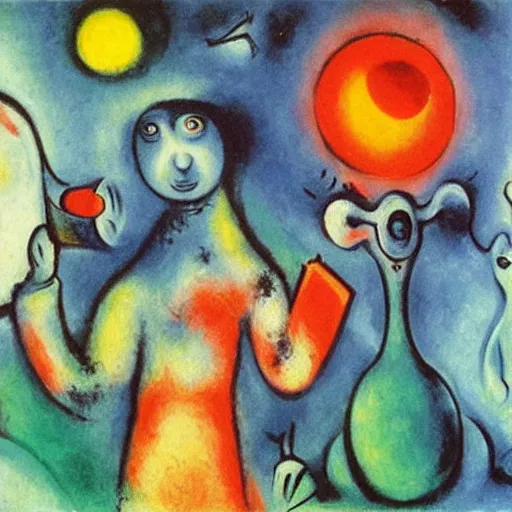 Image similar to an alien drinking horchata, detailed, painting by marc chagall