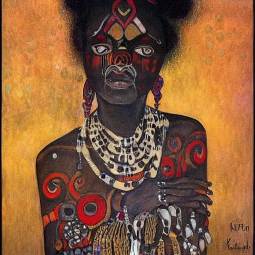 Image similar to ghost african women with tribal tatoo, klimt paint