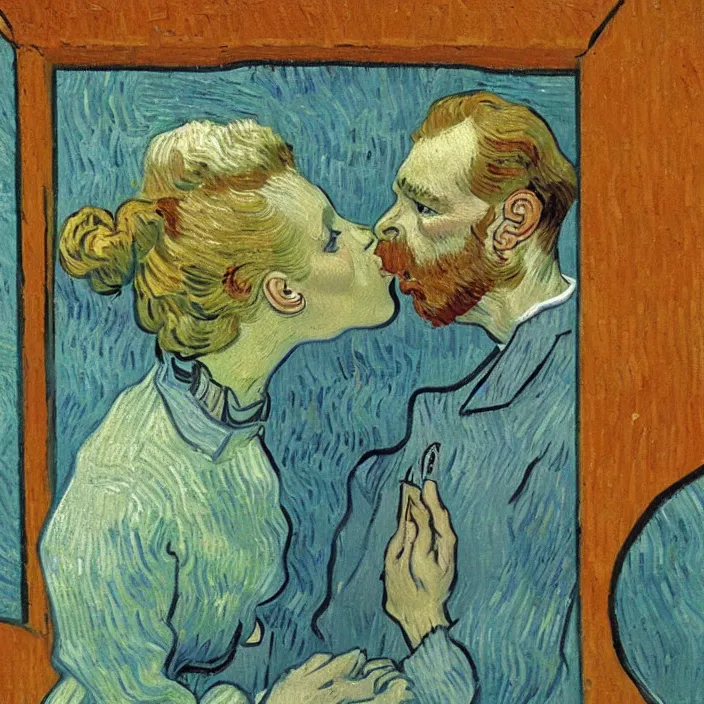 Prompt: one olive - skinned man and one woman kissing, painting by van gogh