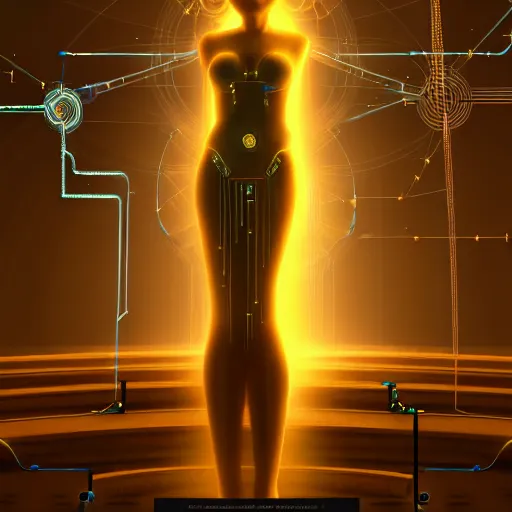 Image similar to the ethereal goddess of technology bestows the gift of circuits to humanity. matte painting. fantastic. velvet and gold. high key studio lighting. fractal dreams. ancient greece, trending on artstation, cgsociety, ps 5, uhd 8 k cryengine