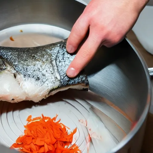 Image similar to fish being cut in a food processor