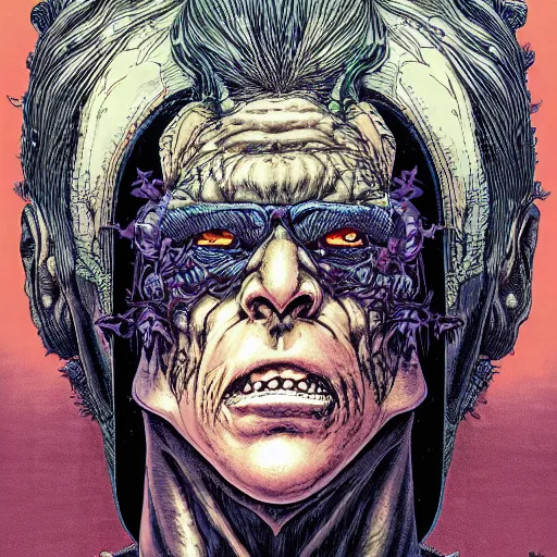 Image similar to portrait of crazy frankenstein, symmetrical, by yoichi hatakenaka, masamune shirow, josan gonzales and dan mumford, ayami kojima, takato yamamoto, barclay shaw, karol bak, yukito kishiro