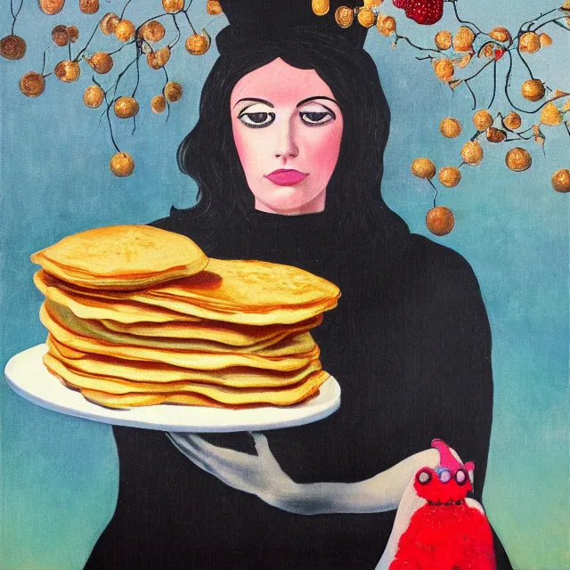 Image similar to tall emo female artist holding pancakes, in chippendale sydney, maple syrup, gold bullion, berries, pigs, octopus, acrylic on canvas, surrealist, by magritte and monet