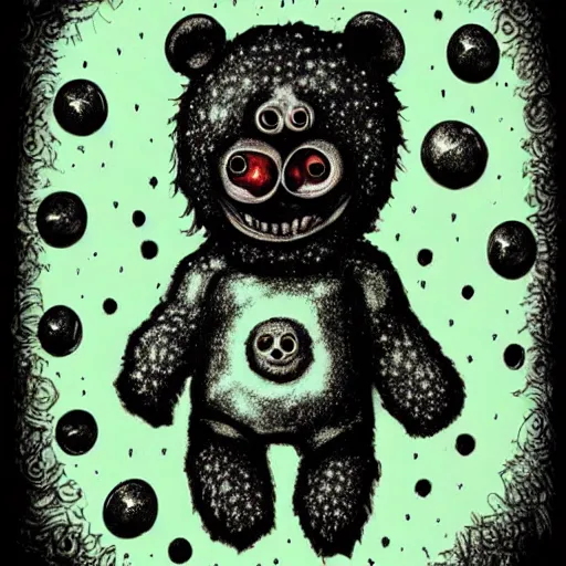 Image similar to dark art cartoon grunge drawing of a teddy bear with black holes as eyes by tim burton - loony toons style, horror theme, detailed, elegant, intricate, trending on art station